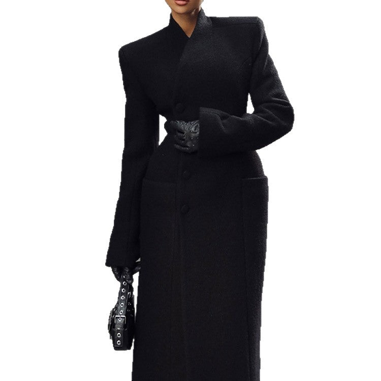 Temperament Shoulder-padded Waist-cinching Long Wool Coat For Women Viral Finds Hub