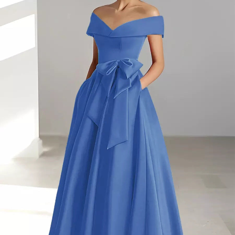 Satin Gown New Style Banquet Dress Off-shoulder Midi Length Viral Finds Hub