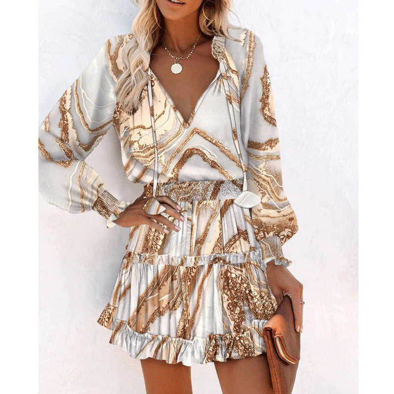 Flowers Print Long Sleeve Dress Fashion Patchwork Puff Sleeve Waist Dresses Womens Clothing Viral Finds Hub