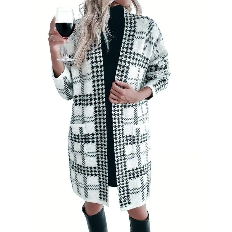 Women's Houndstooth Knitted Long Knitted Jacket Viral Finds Hub
