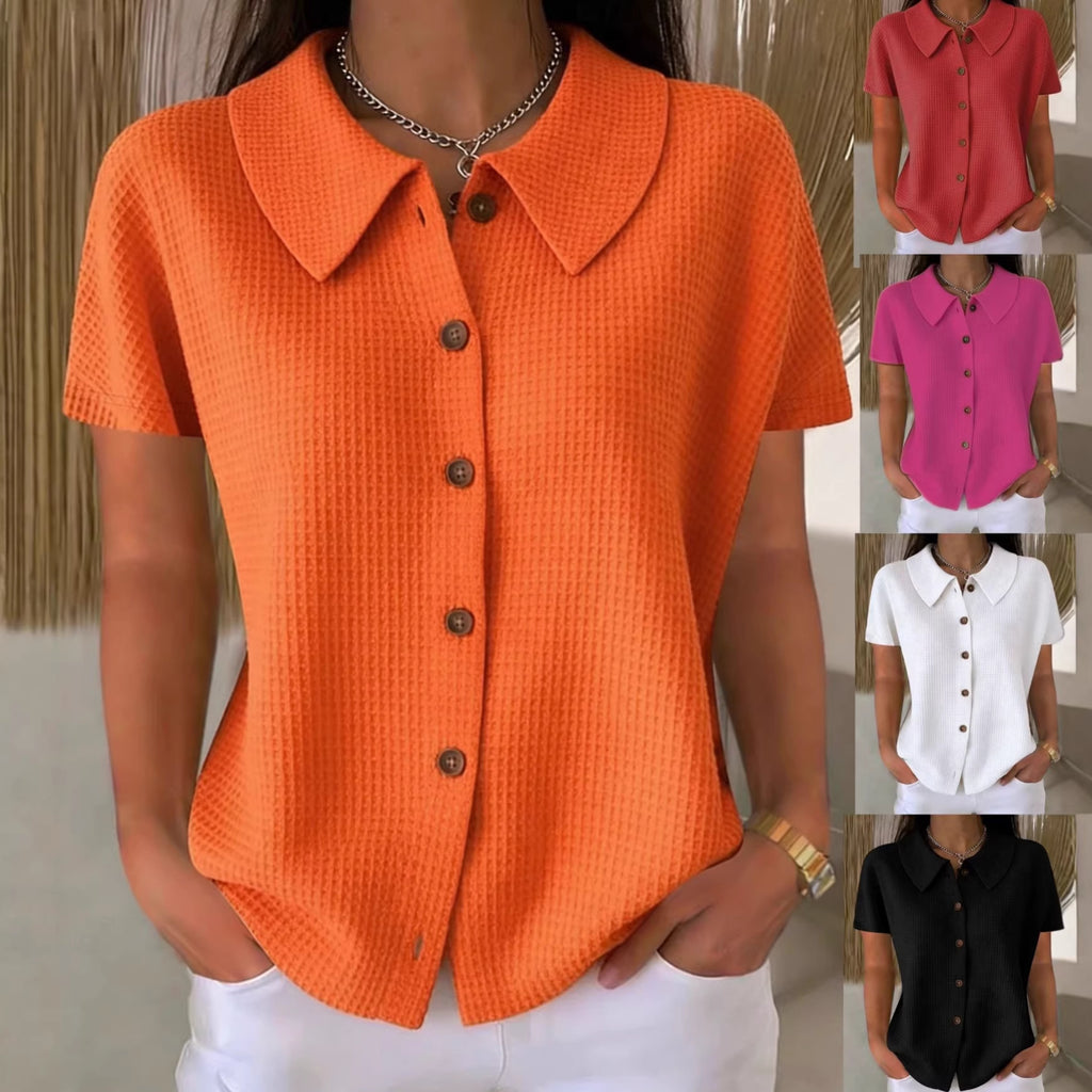 Turn-Down Collar Waffle Weave Solid Color Casual Loose Fit Short Sleeve Shirt - Women's Cotton Blend Lightweight Summer Top For Daily Wear Viral Finds Hub