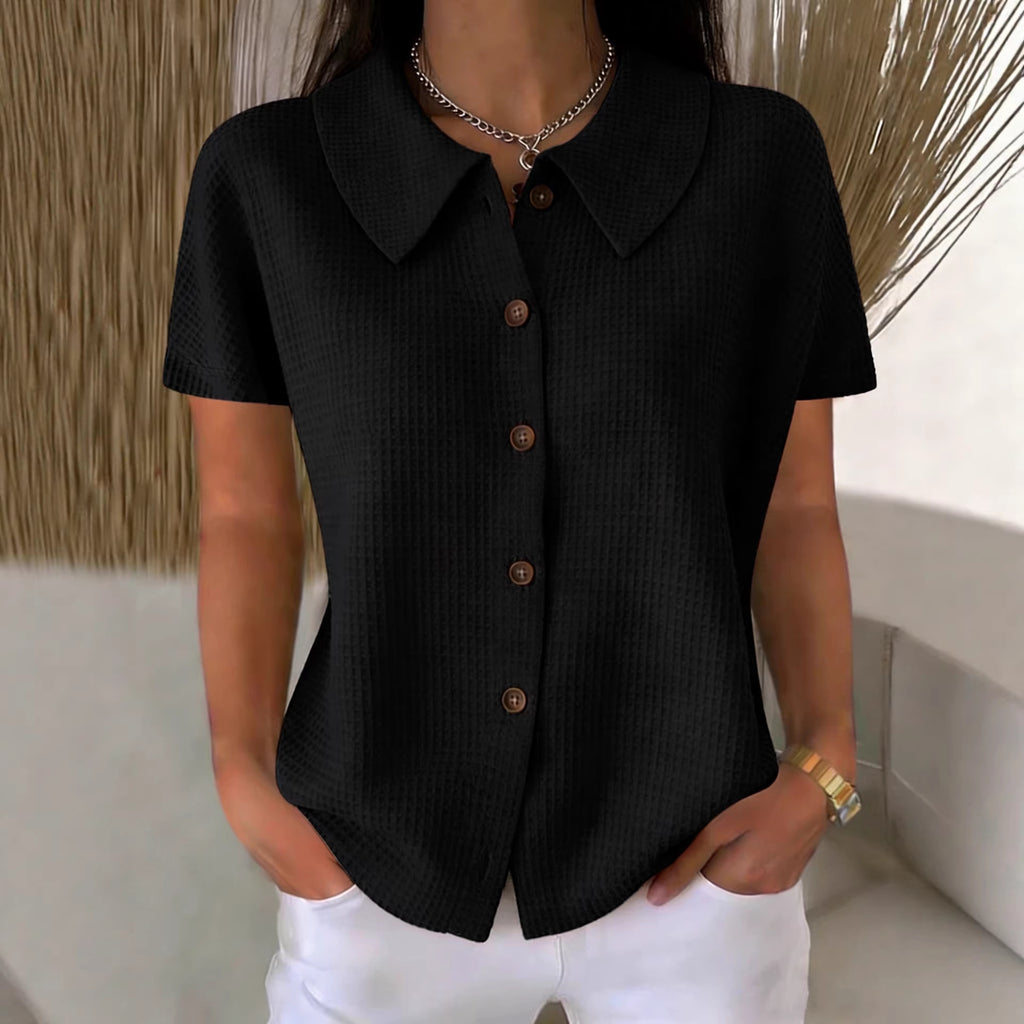 Turn-Down Collar Waffle Weave Solid Color Casual Loose Fit Short Sleeve Shirt - Women's Cotton Blend Lightweight Summer Top For Daily Wear Viral Finds Hub