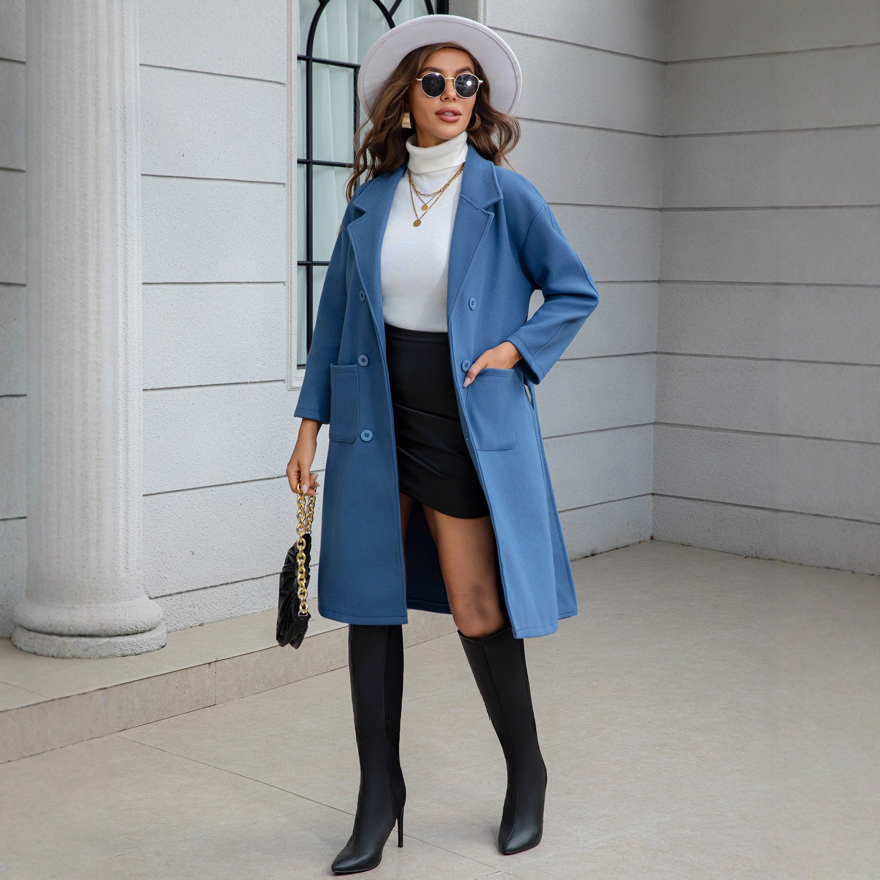 Blue Waist-tie Mid-length Women's Wool Coat Viral Finds Hub
