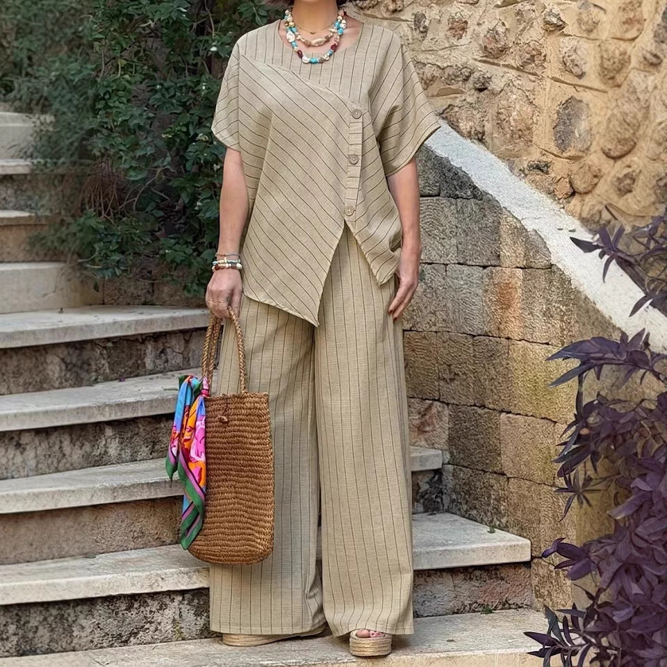 Striped Short-sleeve Shirt And Loose-fitting Pants Two-piece Set Viral Finds Hub