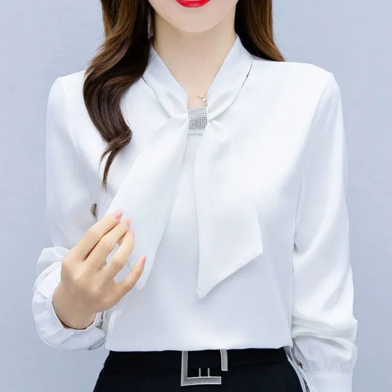 Satin V-Neck Business Temperament Shirt Long Sleeve Bow Solid Color Bow Diamond Top Viral Finds Hub