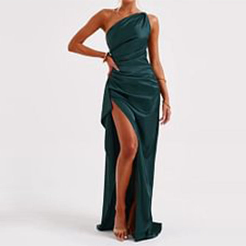 Sexy One-shoulder Backless Slit Dress Summer Elegant Slim-fit Solid Color Satin Dresses For Women Viral Finds Hub