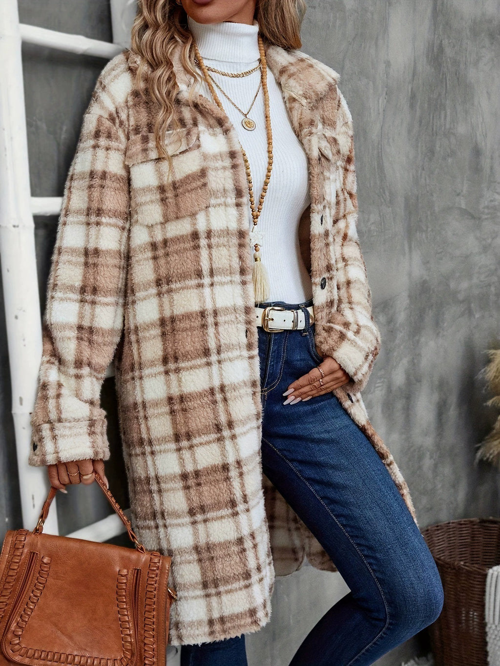 Women's Printed Plaid Long Double-sided Plush Patch Pocket Button Coat Viral Finds Hub