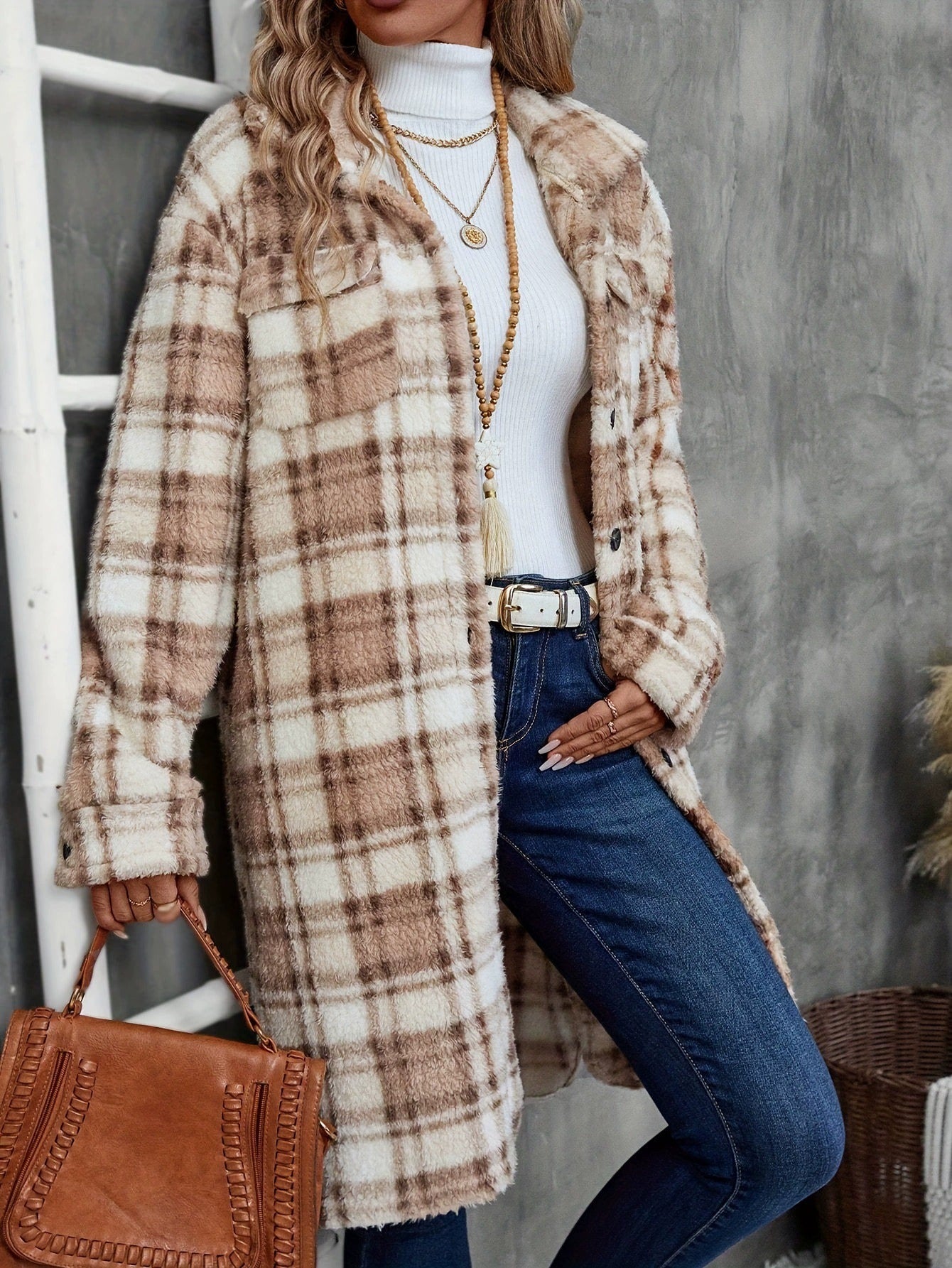 Women's Printed Plaid Long Double-sided Plush Patch Pocket Button Coat Viral Finds Hub