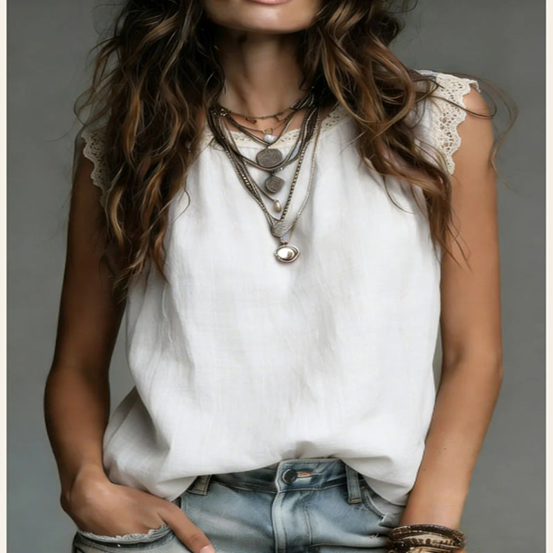 Womens Lace-Patchwork Crew-Neck Sleeveless Cotton-Linen Shirt Viral Finds Hub