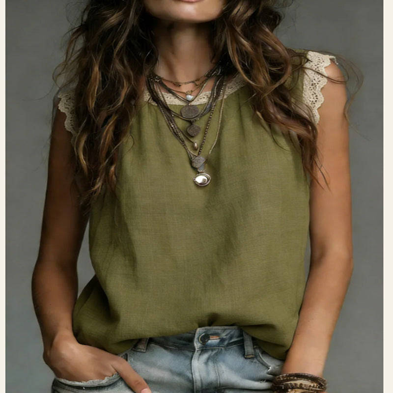 Womens Lace-Patchwork Crew-Neck Sleeveless Cotton-Linen Shirt Viral Finds Hub