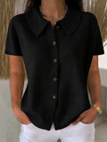 Turn-Down Collar Waffle Weave Solid Color Casual Loose Fit Short Sleeve Shirt - Women's Cotton Blend Lightweight Summer Top For Daily Wear Viral Finds Hub