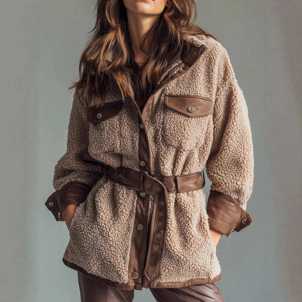 Women's Wear Thickened Lamb Fur Spliced PU Leather Pocket Leather Belt Retro Coat Viral Finds Hub