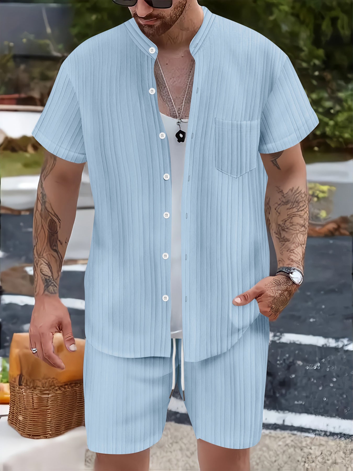 Fashionable Casual Stand Collar Pocket Short-Sleeve Shirt And Mens Shorts Two-Piece Set Viral Finds Hub
