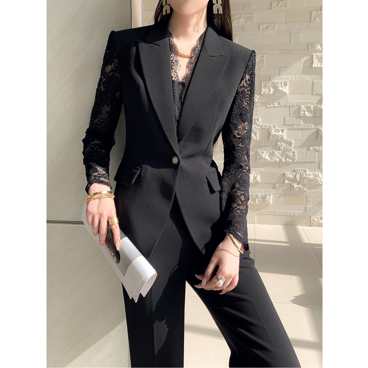One Button Lace Panelled Blazer And Trousers Two Piece Set Viral Finds Hub