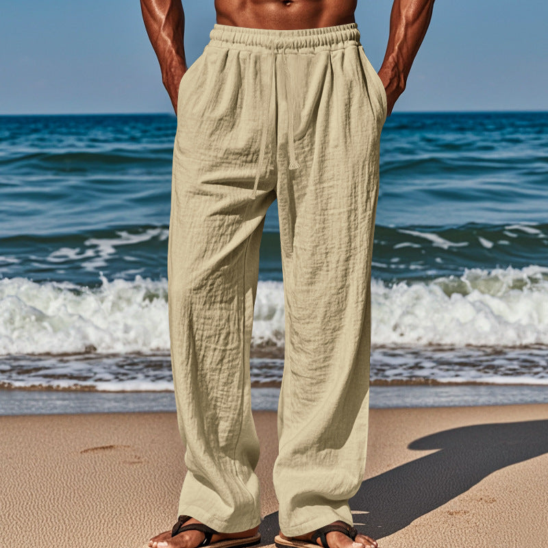 Independent Site European And American Men's Linen Mid-Waist Solid Color With Drawstring Viral Finds Hub