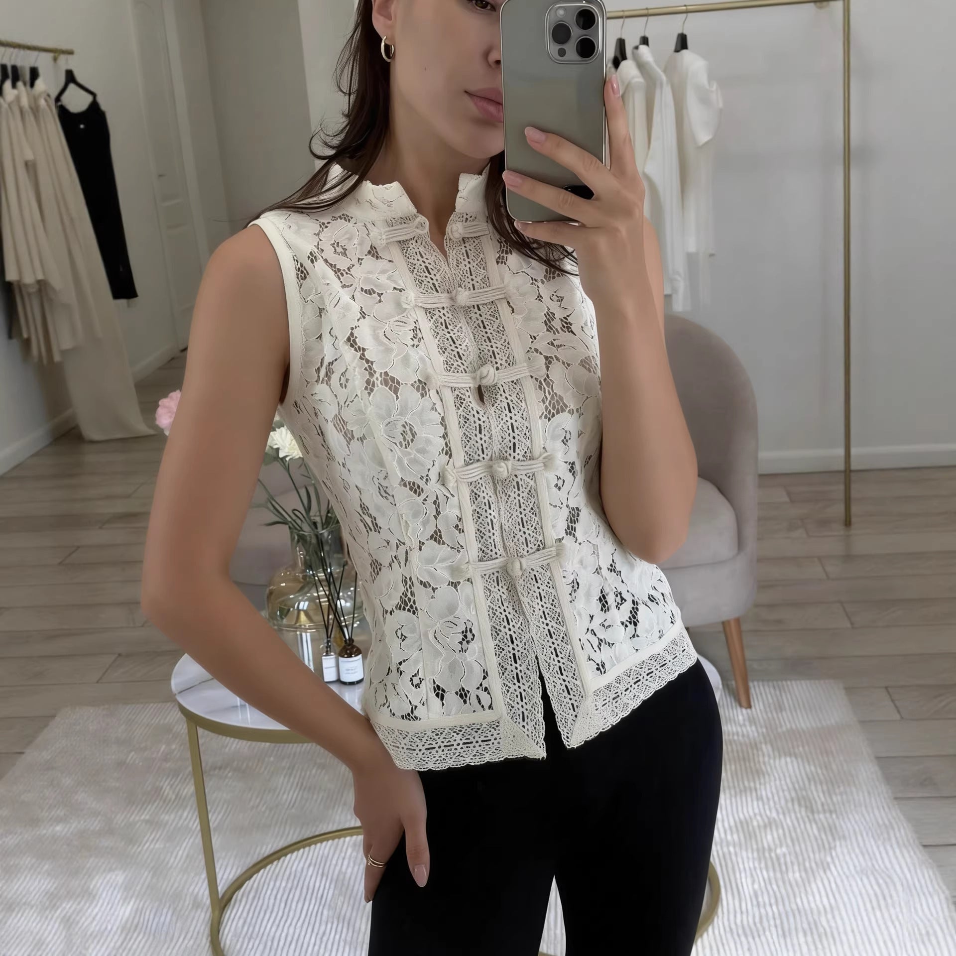Fashionable Lace Crochet Stand Collar Slim-fit Sleeveless Shirt Viral Finds Hub