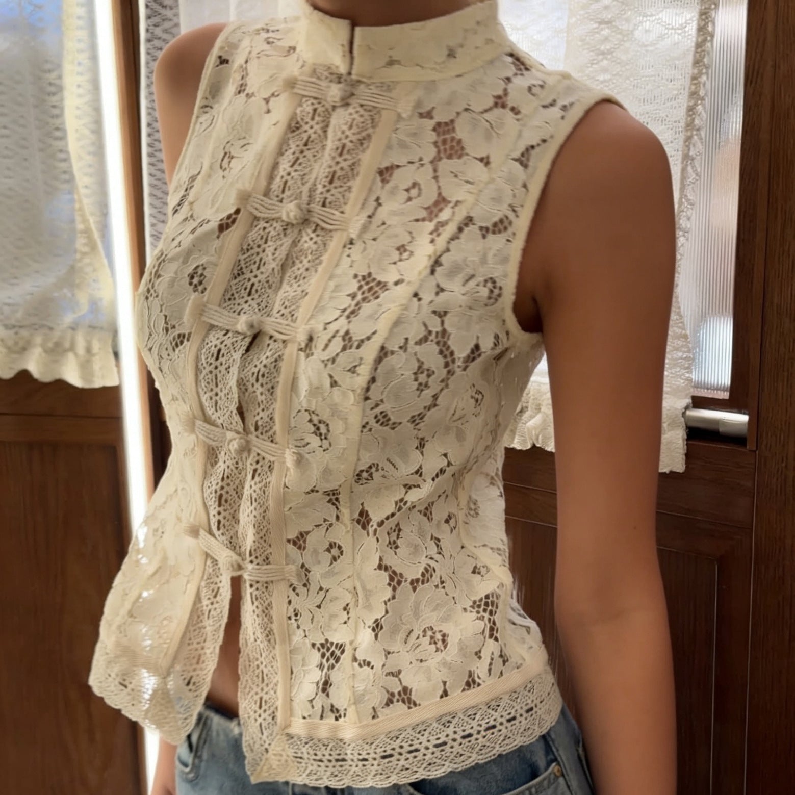 Fashionable Lace Crochet Stand Collar Slim-fit Sleeveless Shirt Viral Finds Hub