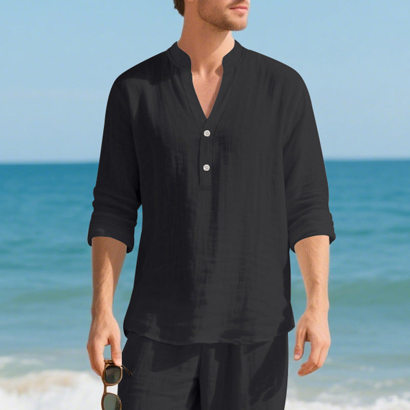 Autumn Linen Men's Long-Sleeve T-Shirt With Stand Collar And Buttons Viral Finds Hub