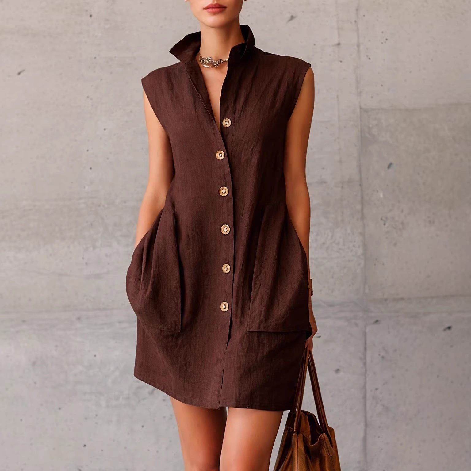 Slimming Sleeveless Stand-Collar Shirt Dress For Summer Viral Finds Hub