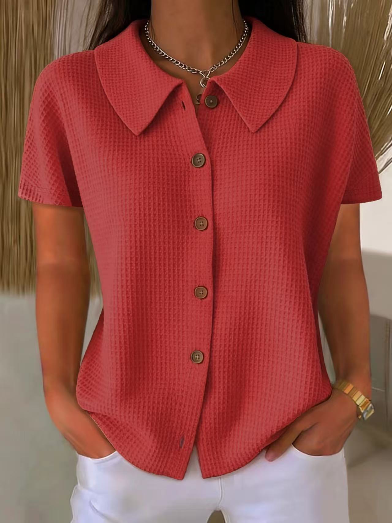 Turn-Down Collar Waffle Weave Solid Color Casual Loose Fit Short Sleeve Shirt - Women's Cotton Blend Lightweight Summer Top For Daily Wear Viral Finds Hub