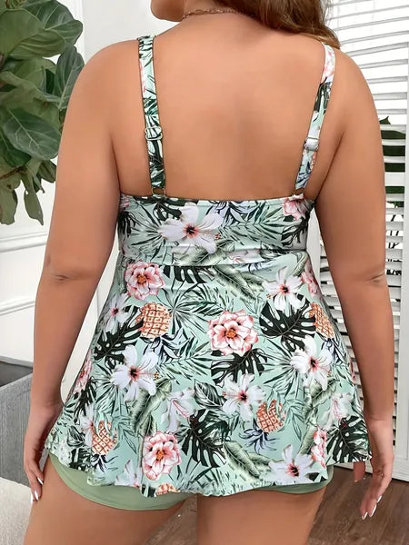 Large Size Women's Swimsuit, Green, Fresh And Fashionable Split Type Tankini Swimsuit Viral Finds Hub