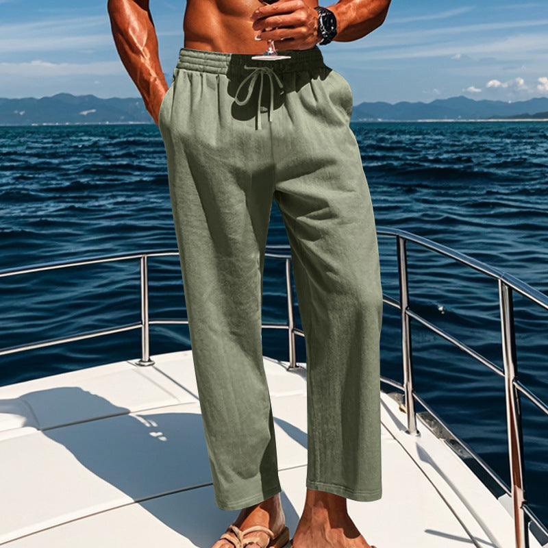 Independent Site European And American Men's Linen Mid-Waist Solid Color With Drawstring Viral Finds Hub